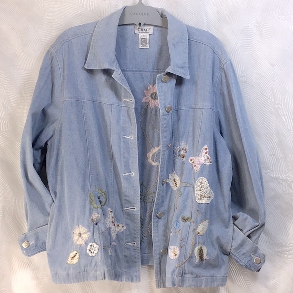 VTG Graff Blue Denim Patchwork Button Front with Pockets Jacket Sz.M